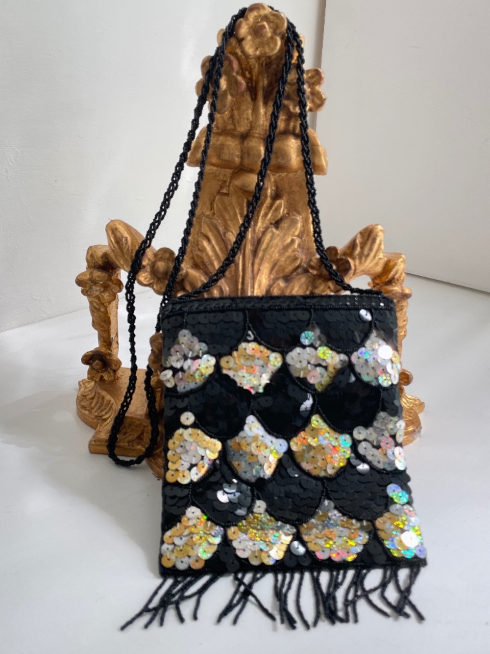 Vintage Beaded Sequin Evening Bag Black Satin Fringe Mini Purse Art Deco Party